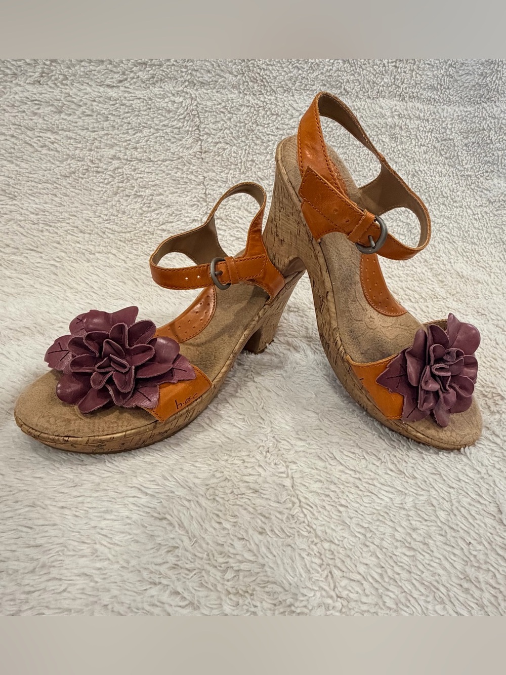 B.O.C Born Crown Tan Cork Wedge Sandals Purple Leather Flower Heels Size 8 / 39